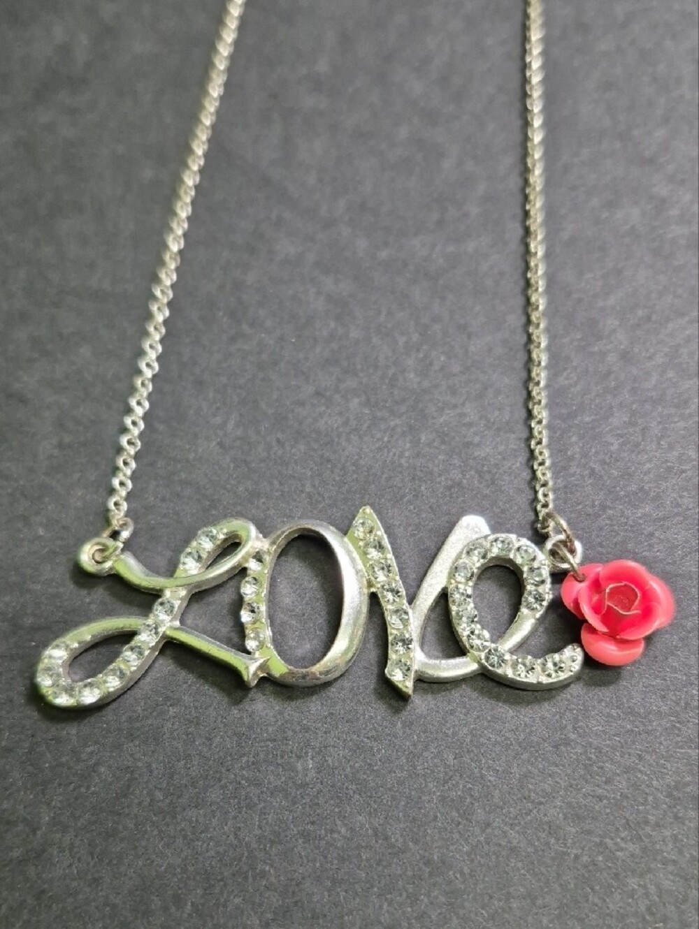 Silver Tone 'LOVE' 18" In. Necklace with Pink Rose Charm - Picture 2 of 5